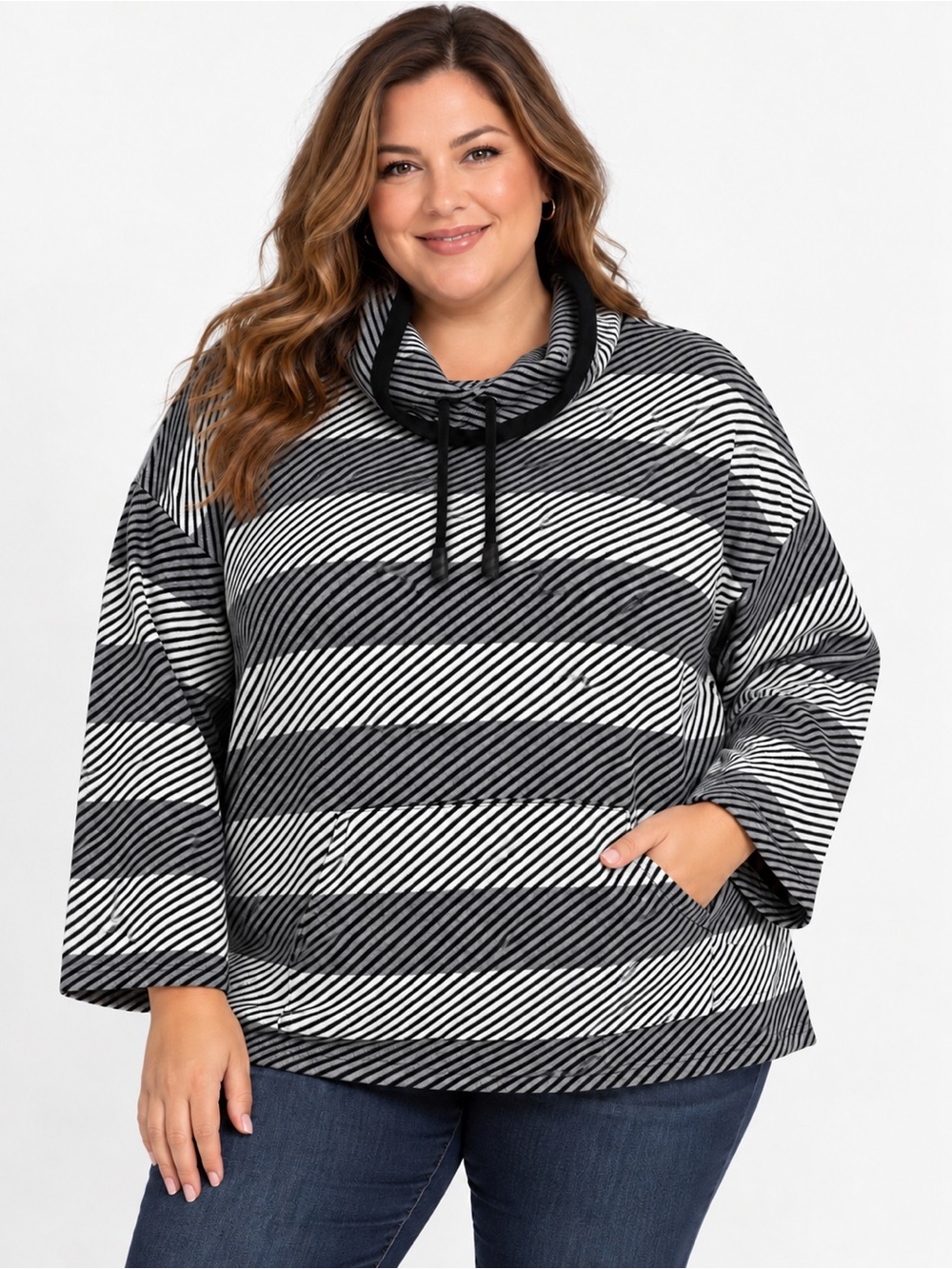 NorthStyle Black/White/Gray Cowl Neck Long-Sleeve Sweater w Kangaroo Pocket, 3X